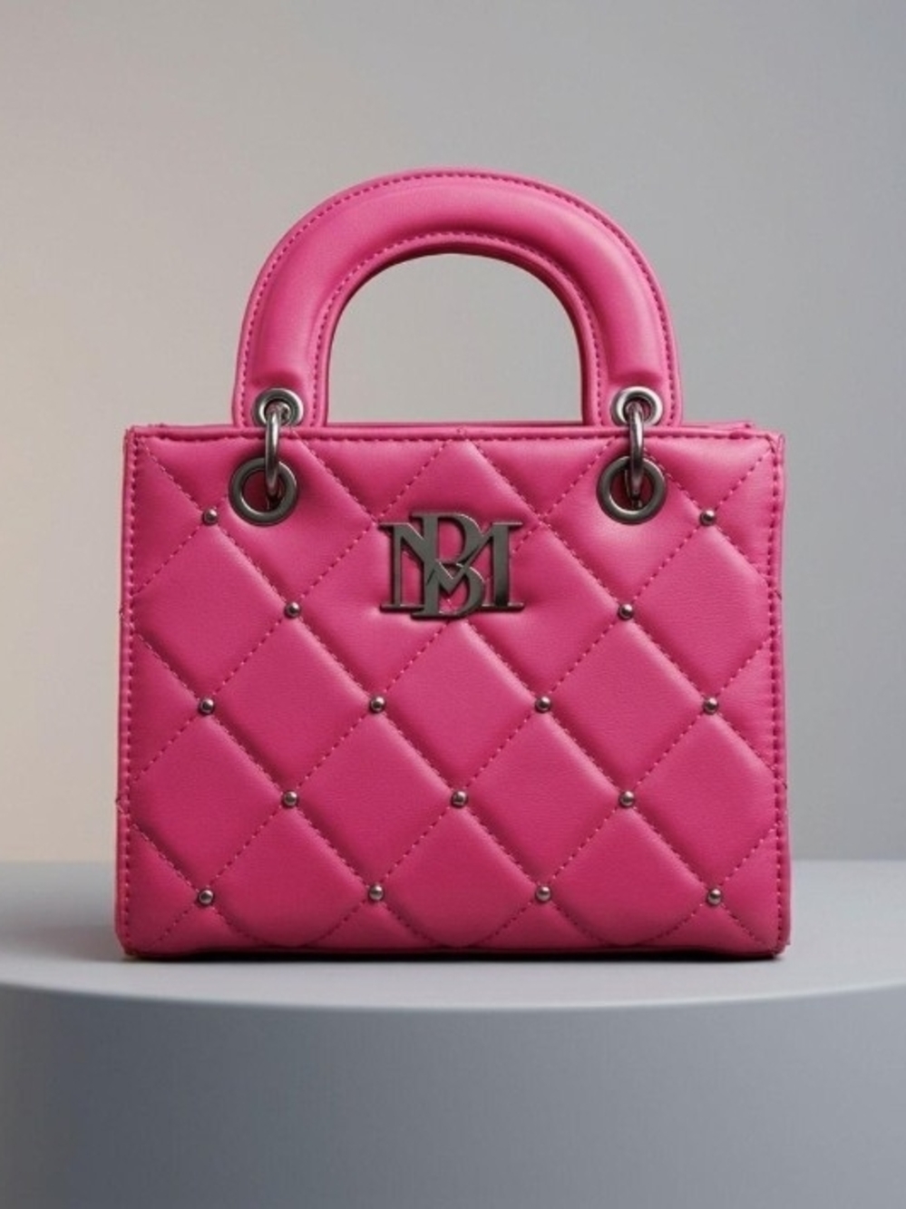 Badgley Mischka Hot Pink Quilted Top-Handle Mini Bag with Metal Logo